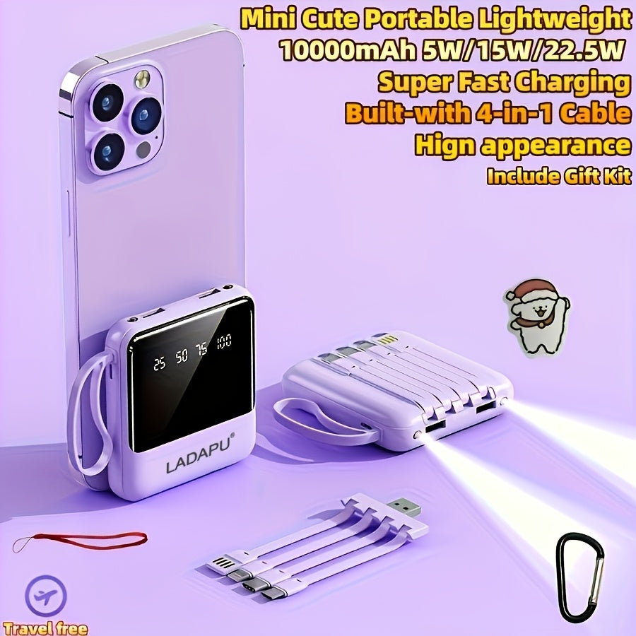 10000mAh This Mini Portable Power Bank Features A With A Built-in 4-in-1 Multifunction Cable. Supporting 5W Slow Charging/15W Fast Charging/22.5W Super Fast Charging, Perfect For Travel Business Keeping Your Devices Powered Anytime