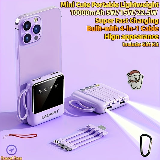 10000mAh This Mini Portable Power Bank Features A With A Built-in 4-in-1 Multifunction Cable. Supporting 5W Slow Charging/15W Fast Charging/22.5W Super Fast Charging, Perfect For Travel Business Keeping Your Devices Powered Anytime