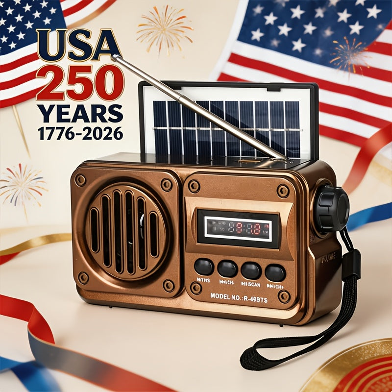 FM Portable Radio, Multi-Functional Radio (R-49BTS), Retro Wireless Wireless Speaker with Solar Panel, Supports USB/TF Card Playback, Digital Radio with Loud Volume, Suitable for Indoor/Outdoor Travel Or Emergency, 250Th Independence Day Gifts