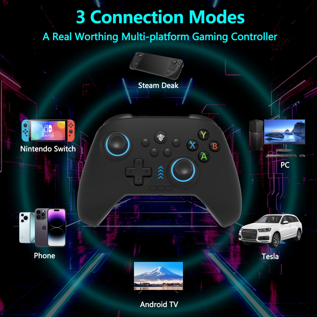 [RGB PC Controller] Wireless PC Controller, Featuring RGB Lighting/ Programming Keys/ Hall Joystick/ Hall Trigger/ Vibration, Three-Mode Switch Controller, Suitable For Windows PC, Android, Switch, Steam (Does Not Fit Xbox). A 1.5m Data Cable. Works Via P