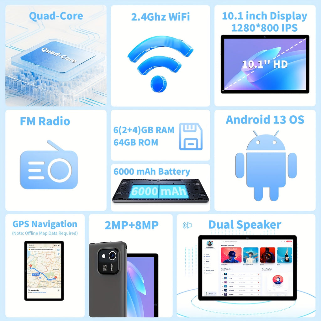 [Android Tablet 10-Inch] New Android 13, 10-Inch Android Tablet, 6 (2+4) 64GB, 4-Core Tablet, IPS HD Touchscreen, Powerful Performance, Large Capacity, And Long Battery Life, Tablet, Pad, Tablet, Pad