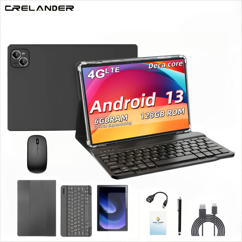CRELANDER 10.1 Inch Tablet with Android 13, Featuring 6GB (3G+3G) RAM, 128GB Storage, Dual-Band Wifi (2.4G/5G), a 10.1" IPS Screen, Dual 4G SIM Support, Type-C Connectivity, And 5MP+13MP Cameras, Along with a Mouse, Stylus, And Keyboard, Tablet
