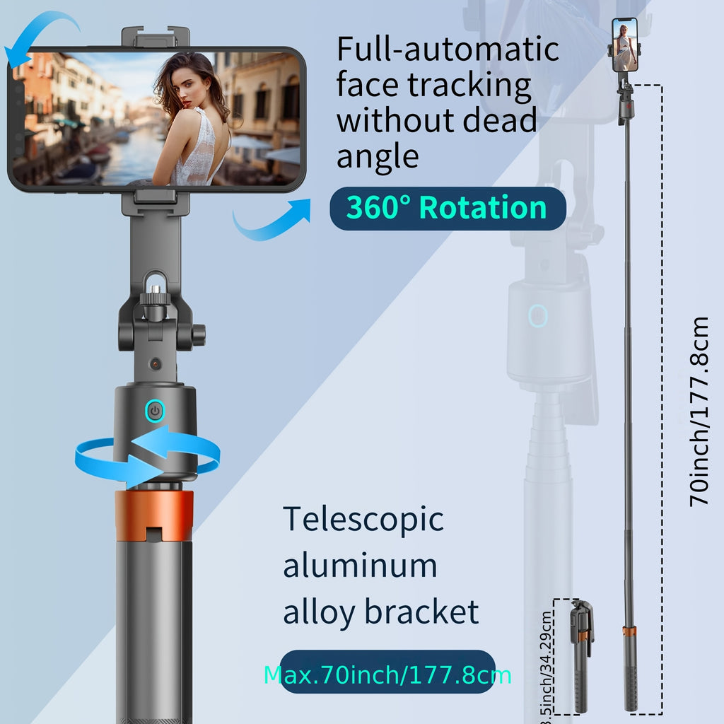AI Face Tracking Tripod with Remote, 70.87inch Extendable Pole, 360° Phone Rotating Stand, AI Smart Tracking Selfie Stick for iPhone & Android, Vlogging & Live Streaming