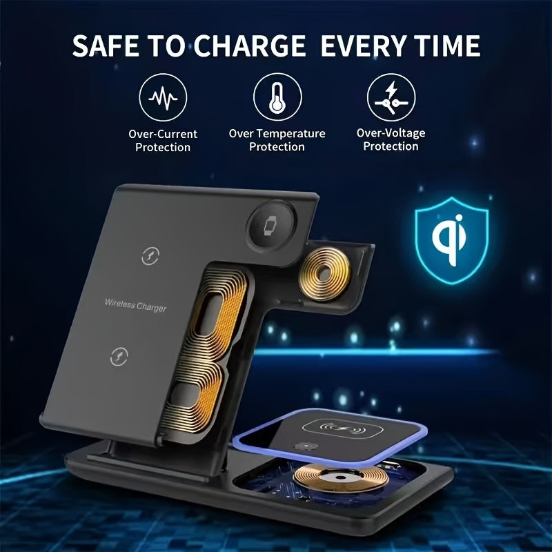 3-In-1 Wireless Charging Station, 15W Fast Foldable Mag-Safe Charger Stand, Compatible with iPhone 15/14/13/12/11/X/8 Pro Max/Pro/Mini/Plus, iWatch Ultra9/8/7/6/5/4/3/2, Airpods 3