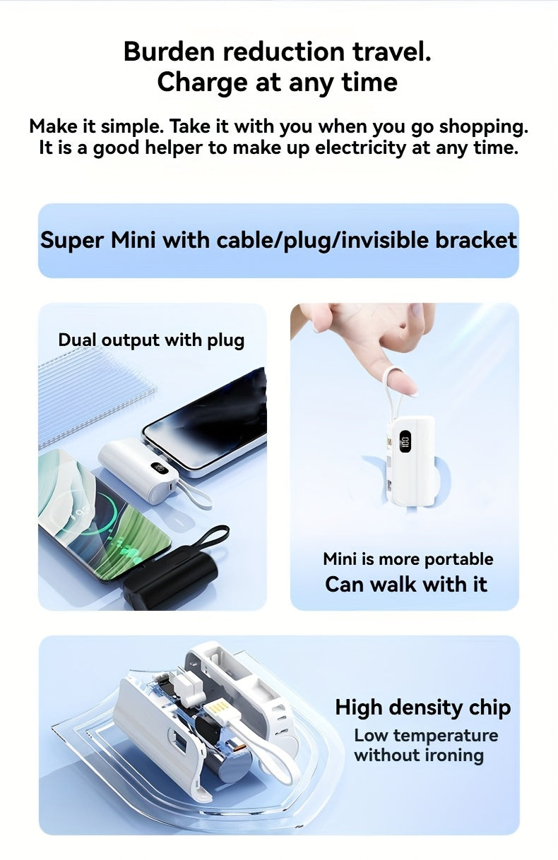 6000mAh Compact Power Bank, LCD Digital Display Battery Pack, Includes Charging Head and 22.5W Fast Charging Cable, Suitable for iPhone and USB-C Phones