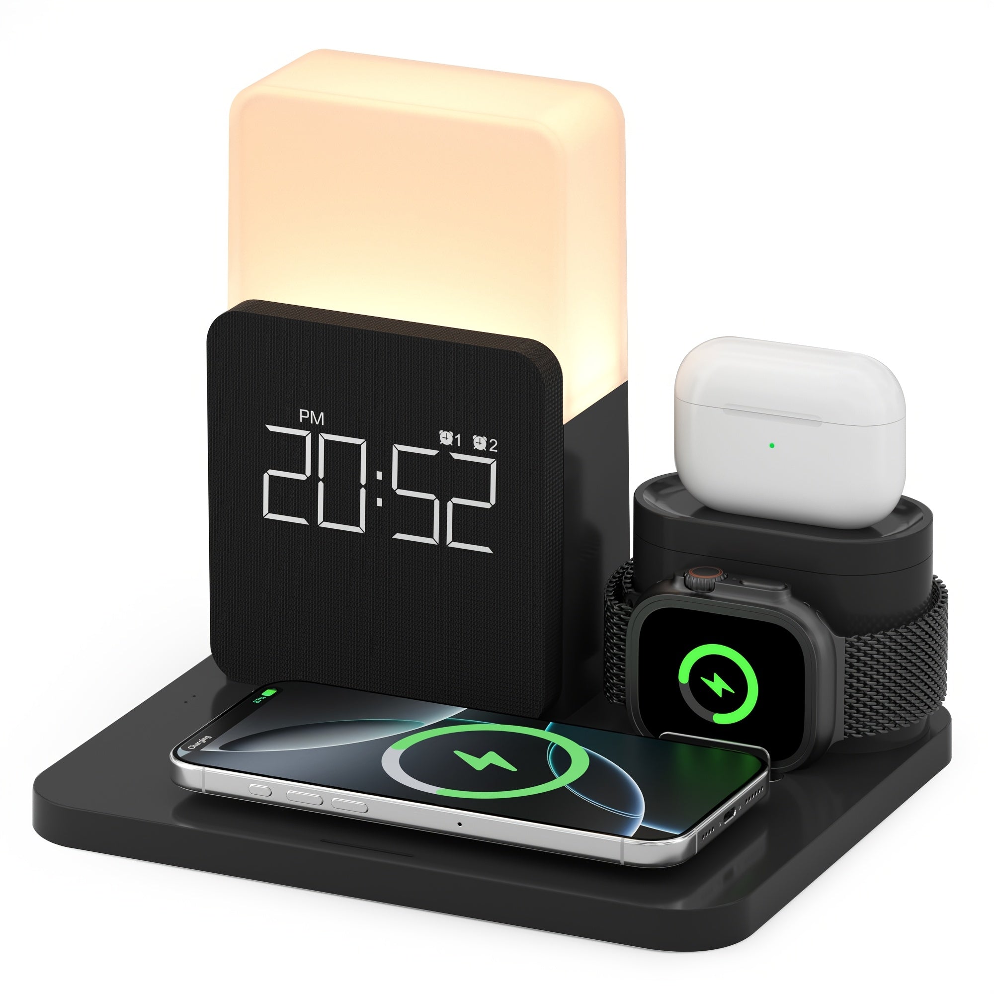 3-In-1 Wireless Charging Alarm Clock for Iphone 15 Wireless Charging Dock for Iphone 12-16 Samsung Bedroom 3 in 1 Charger Alarm Clock Portable Wireless Charging Station with Alarm Clock
