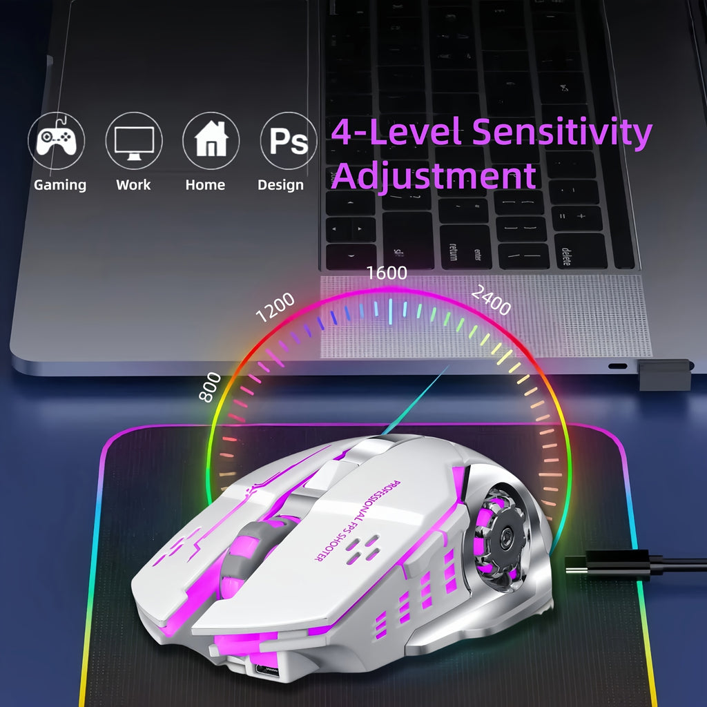 Silent Wireless Mouse - T-WOLF Rechargeable BT5.0 + 2.4G Dual-Mode Office Mouse, Full-Size Ergonomic Comfort for Extended Work, Study & Gaming, RGB Aesthetic Desk Setup Accessories, Back to School Gift