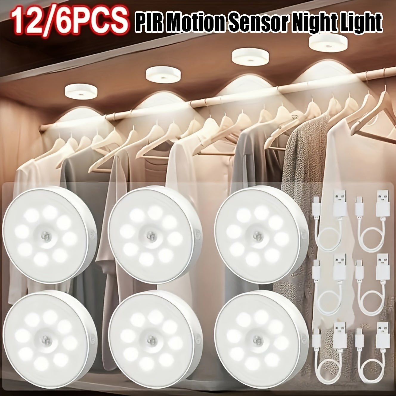 [USB Rechargeable] 12/6pcs Bright White LED Motion Sensor Night Lights, USB Rechargeable Wireless Wall Lamp, Dual Mode (Motion & Steady Light), Adjustable Brightness, Magnetic Adhesive Under Cabinet Lighting For Kitchen, Hallway, Stairs