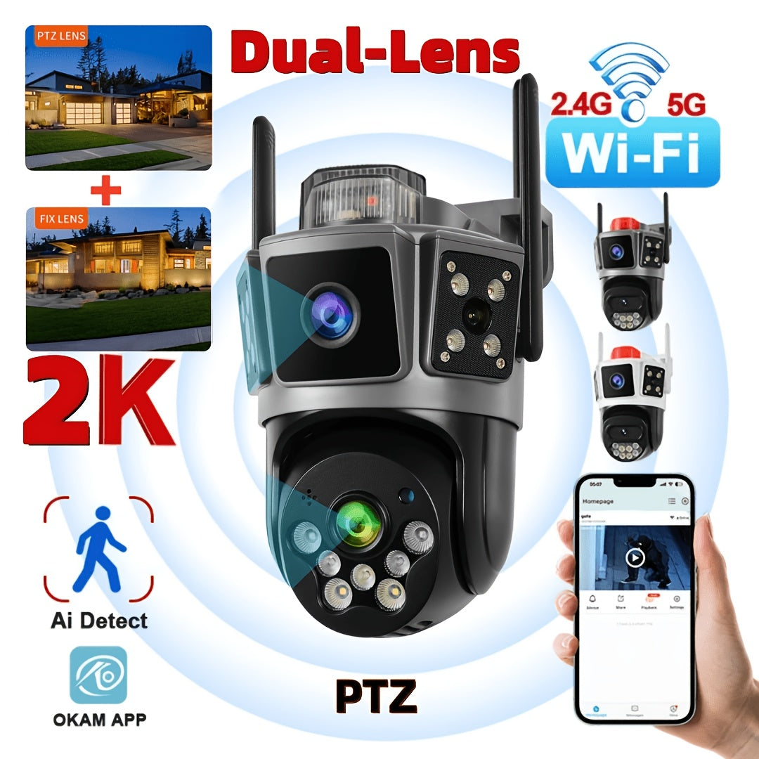 Dual Lens 3 Scene Outdoor Indoor Security Camera, Wifi, 355° Pan Tilt, Color Night Vision, AI Motion Sensor Alarm, Remote Monitoring, Cloud Storage & SD Card (Up to 256GB) Camaras De Seguridad Para Casa