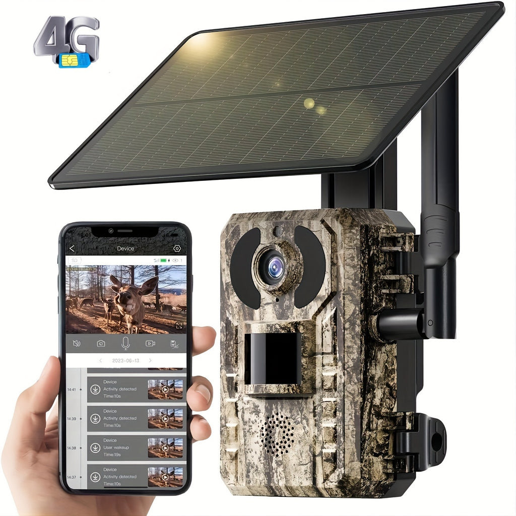 4pcs 4G LTE Cellular Trail Cameras with Ultra-HD Live View, Automatic Night Vision, A Built-in SIM Card, Remote Phone Access, 0.2s Motion Activation, And A Solar Panel for Use In Areas Without WiFi Signals. IP65 Waterproofing Makes Them Ideal for Hunting
