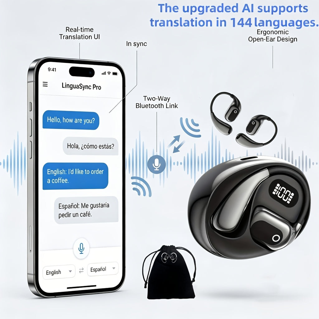 Ai-Powered Real-Time Translation Earbuds, Two-Way Interpreter for 144 Languages, Rechargeable Via USB Or Battery, Ideal for Travel, Business, Shopping, Learning, Carrying Pouch Included