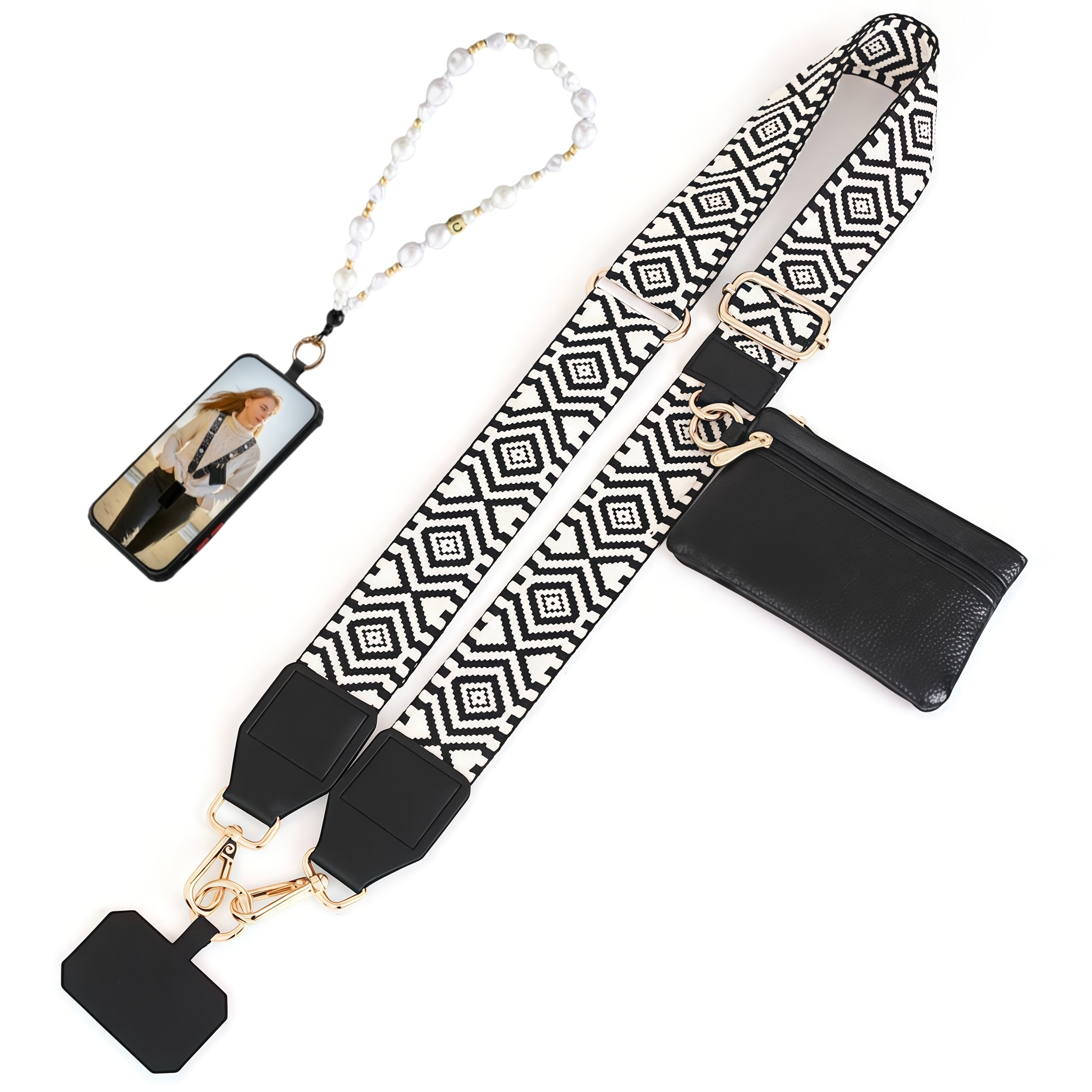 Phone Lanyard, Adjustable Phone Strap with Zipper Pouch, with Beaded Phone Charm Lanyard, Universal Cell Phone Crossbody Compatible with Most Smartphones