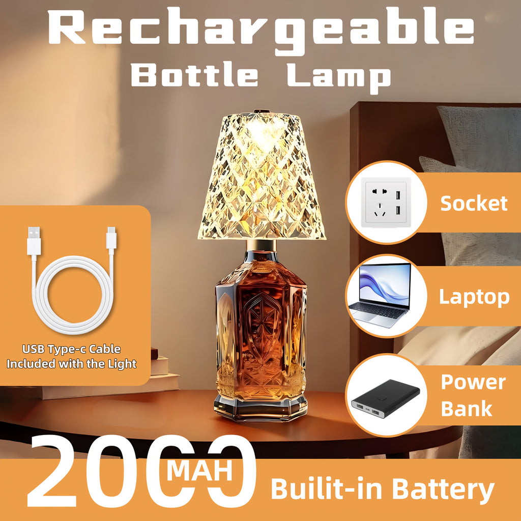 Crystal Clear Bottle Light, Table Lamp, Rechargeable LED Wine Lamp, Acrylic Lampshade, 2000Mah, 3 Colors, Bottle Lamp
