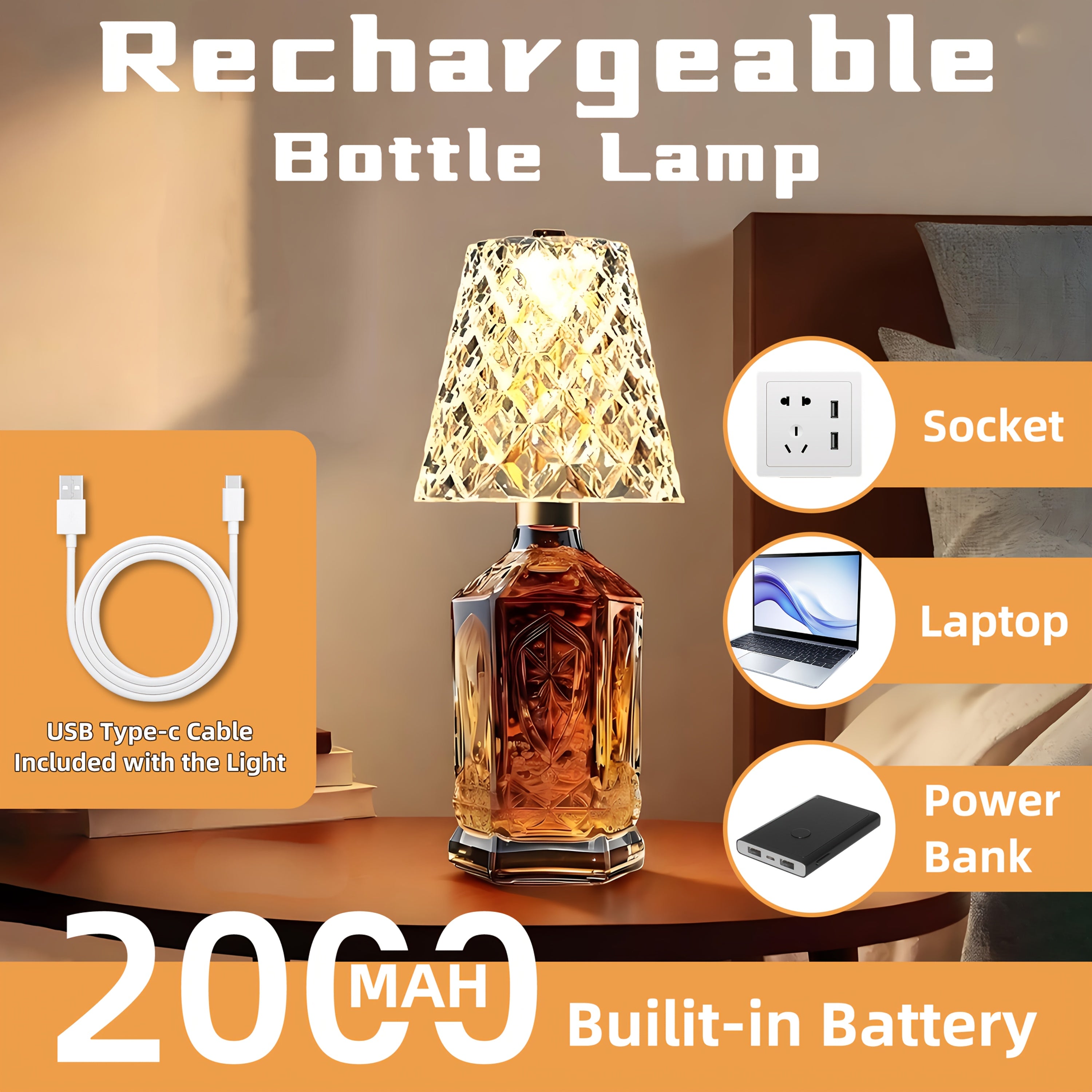 Crystal Clear Bottle Light, Table Lamp, Rechargeable LED Wine Lamp, Acrylic Lampshade, 2000Mah, 3 Colors, Bottle Lamp