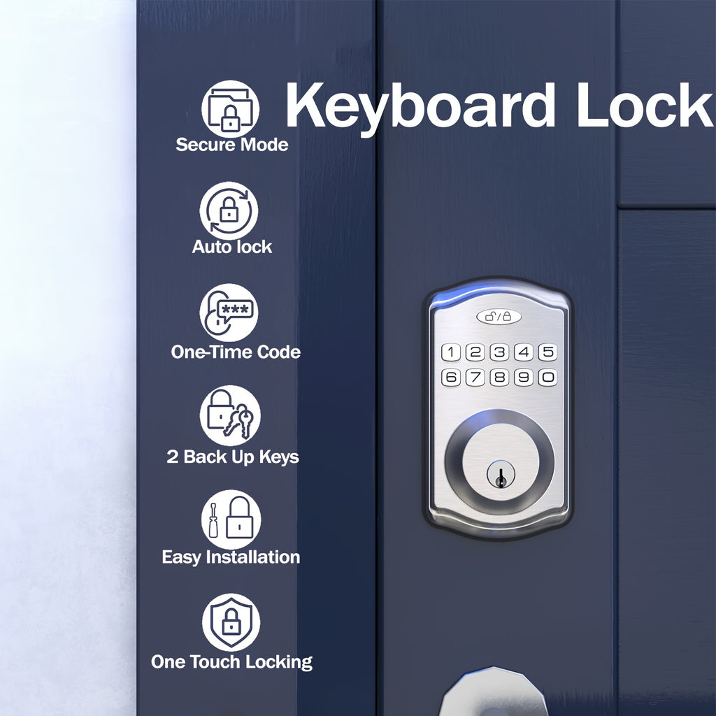Keypad Door Lock, Keypad Deadbolt, Keyless Entry Door Lock, Electronic Keypad Smart Lock, 100-Code Capacity, Backup Key, Auto-Lock Feature, Anti-Peeping Code, Fits Most Standard Doors, Villas, Courtyards, Apartments (Batteries Not Included