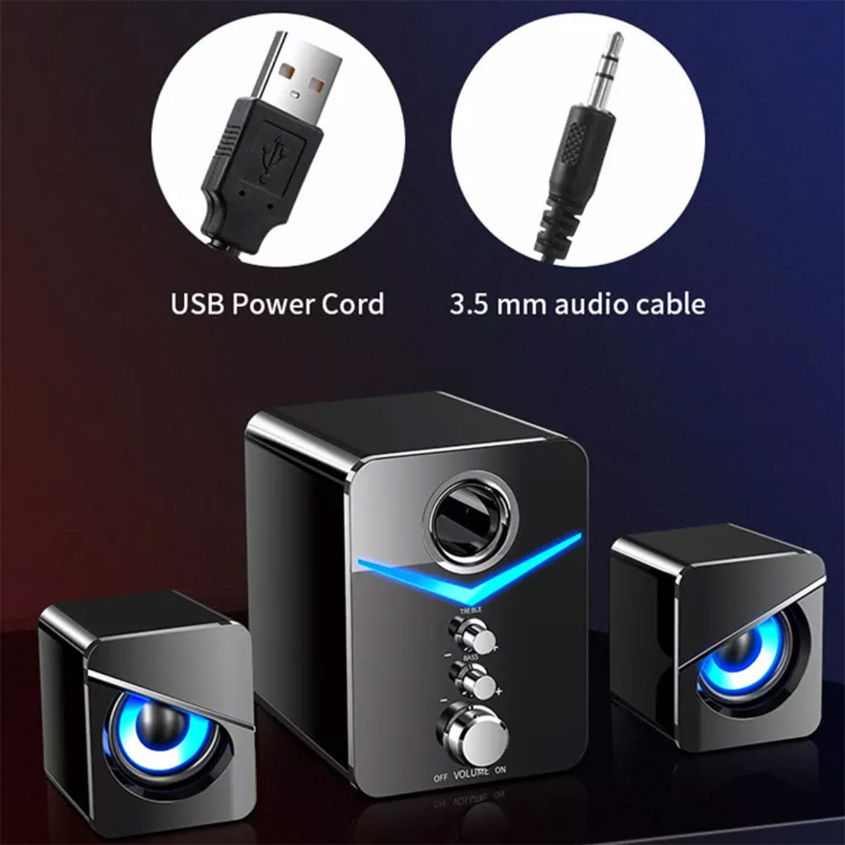3-Piece Computer Speakers with Subwoofer – USB Desktop Speaker System with 3.5mm Audio Jack, Bass & Treble Control, Blue LED Light for PC/Laptop