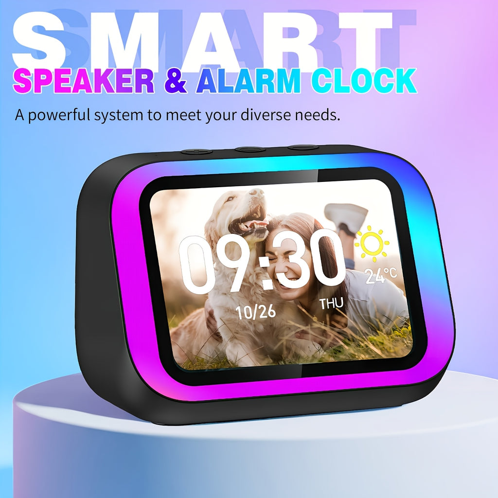AI Smart Speaker, Smart Alarm Clock with Wireless Speaker & Dynamic RGB Light, Hi-Fi Stereo Sound, HD Smart Display, Answer/Make Call, Voice Assistant, Period Tracker, 2500mAh Battery, Portable Speakers - Charging Bedside Digital Clock