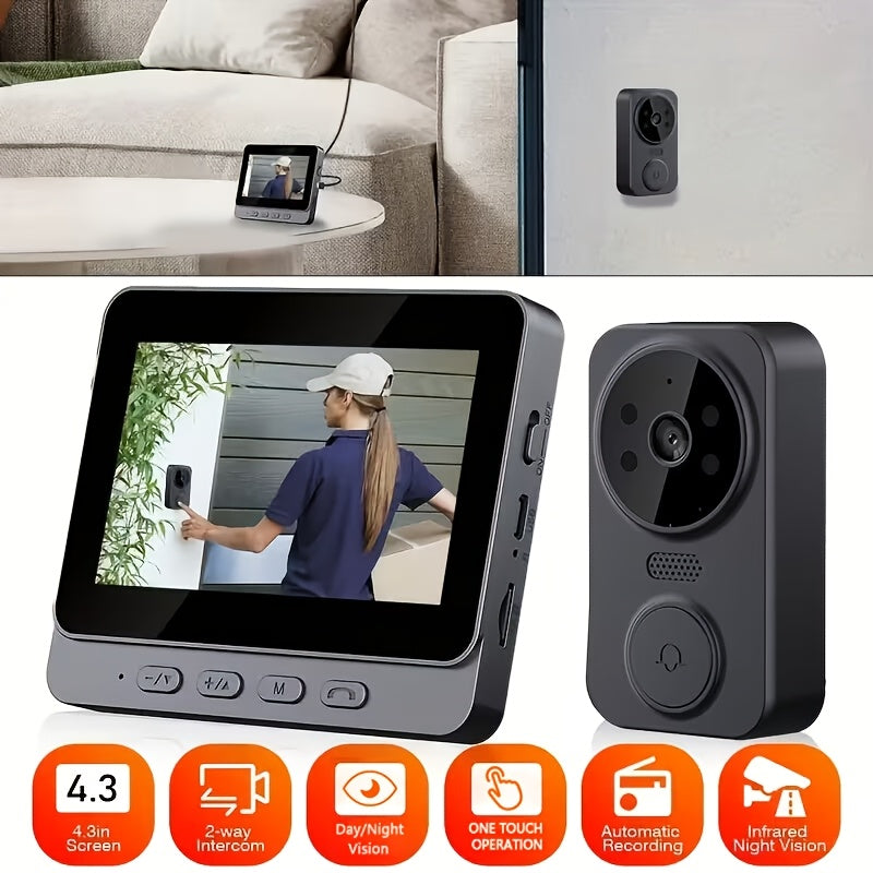 Smart Video Doorbell, Wireless Video Doorbell, Visual Doorbell Camera, 4.3-inch IPS 720P Monitor Screen Doorbell Camera with, Two-Way Audio, Enhanced Night Vision, Long Battery Life, Wall-Mounted, No Subscription, No WiFi Required, No App Required