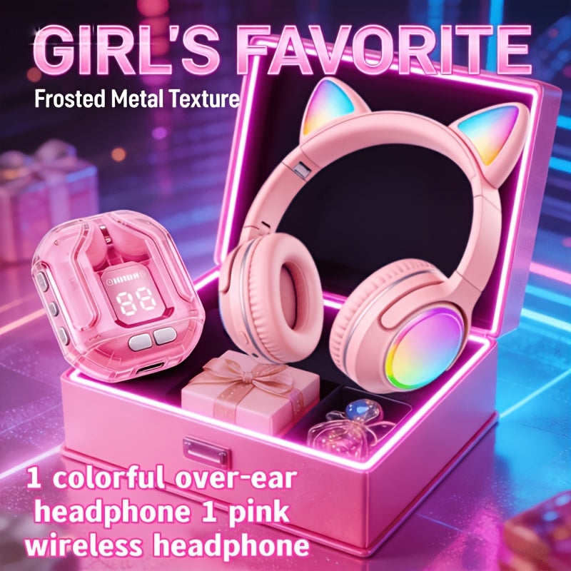 2 Adorable Pink Sets: 1 Pink Wireless Earbuds + 1 Pink Glowing Cat Ear Headphones, 1 Pink Earbuds + 1 Blue Earbuds, 1 Black Cat Ear Headphones + 1 Pink Earbuds, 1 Purple Cat Ear Headphones + 1 Pink Earbuds. Also Available: 1 Pink Wireless Earbuds + 1