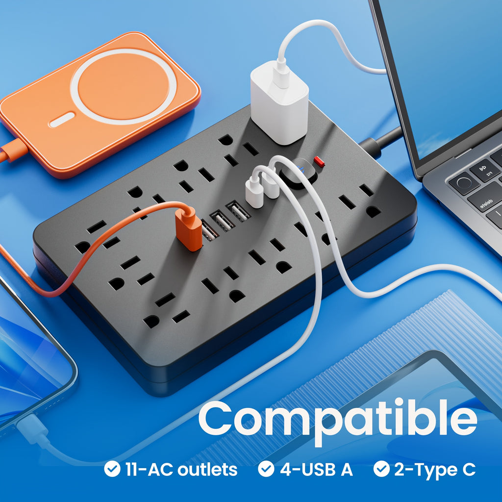 17-in-1 Flat Plug Power Strip Surge Protector with 11 Spacious AC Outlets and 6 USB Ports (including 2 Type-C) with Overload Protection
