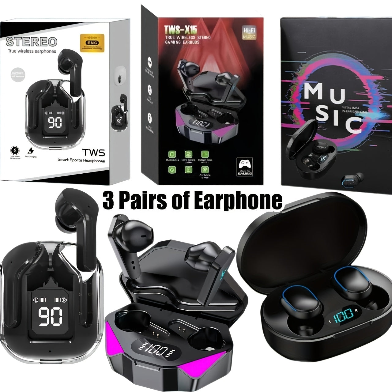3pcs Headphone Set| Wireless Earbuds BT Noise Cancelling, TWS Wireless Earbuds BT 5.4 Headphones, Noise-canceling Microphone, LED Display, Touch Control, Compatible with IOS/Android, Music Lovers & for iPhone& for Android- Perfect Gift for Women