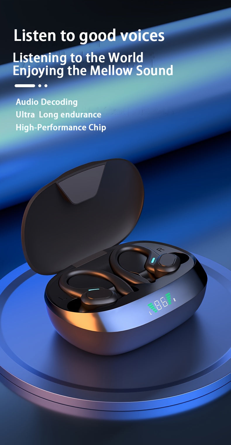 Open-Ear Wireless Earbuds 5.4, Wireless Sports Earphones with Built-In Microphone, Featuring Ear Hooks, 24 Hours of Playback Time, LED Display Charging Case, Suitable for Running And Fitness, in Black