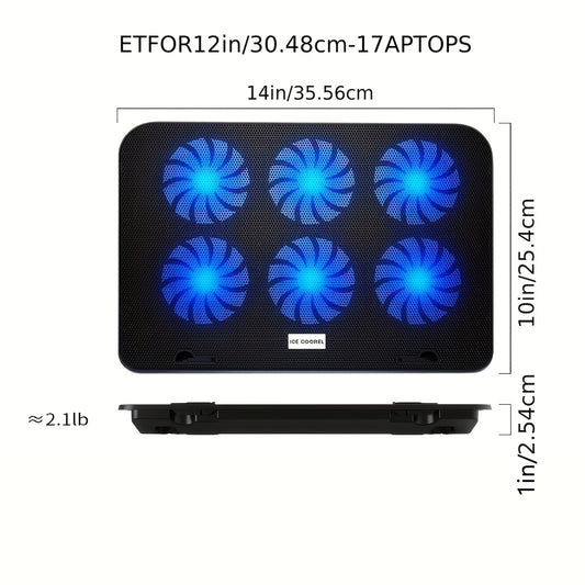 ICE COOREL Gaming Laptop Cooling Pad with 6 Cooling Fans, Suitable for 12-17.3 Inch Laptops, Laptop Cooler Stand with 5 Adjustable Heights And 2 USB Ports.