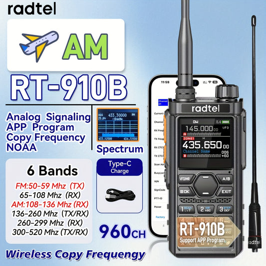 Radtel RT-910B Tri-Band Ham Radio Handheld Walkie Talkie, 45-59MHz 236.22inch Two-Way Radio With APP Programming Support, NOAA, Air Band Receiver, 960 Memory Channels, USB Type-C Charging - For Outdoor, Survival, Aviation Enthusiasts, Gift Idea