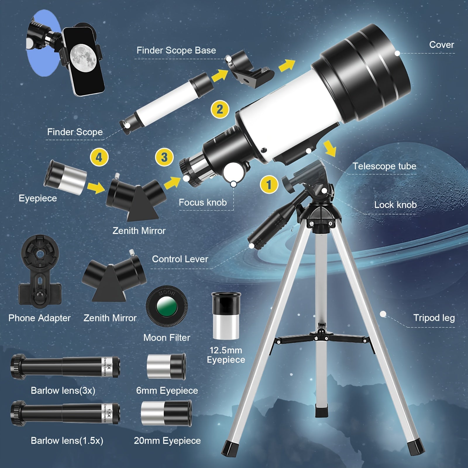 150X Telescope, 70mm Aperture Telescope For Adults High Power, Portable Monocular Telescope With Tripod Phone Holder, Eyepiece, Barlow Lens, Perfect Telescope For Nature Viewing, Education, Ideal Gifts For Lovers And Family Members