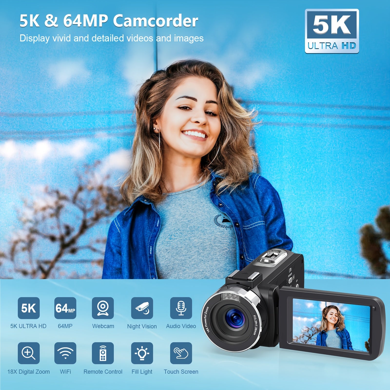 DINGETU 5K Video Camera Camcorder, 64MP WiFi Vlogging Camera for YouTube with IR Night Vision, 18X Digital Zoom, 3" Touch Screen, Webcam, Microphone, Remote Control & 2 Batteries