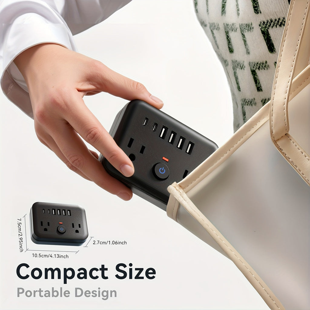 Mini Portable Surge Protector Power Strip, 8-in-1 Multifunction with 2 Outlets, 4 USB Ports, 2 USB-C Jacks, Overload Protection, US Plug, Wall-Mounted for Home, Travel, Office - Black & White, Travel Accessory | Sleek Black Design | Multi-port Surge