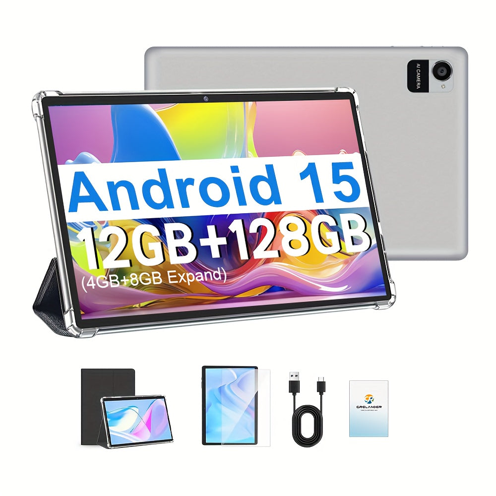 CRELANDER 2025 NEW Android Tablet with a 10. 1 Inch IPS Touch Screen, 2-In-1 Design Including a Protective Case, Optional Keyboard, Mouse, And Stylus. It Features 12GB RAM (4GB + 8GB Expandable) And 128GB Storage, Supporting a 1TB TF Card