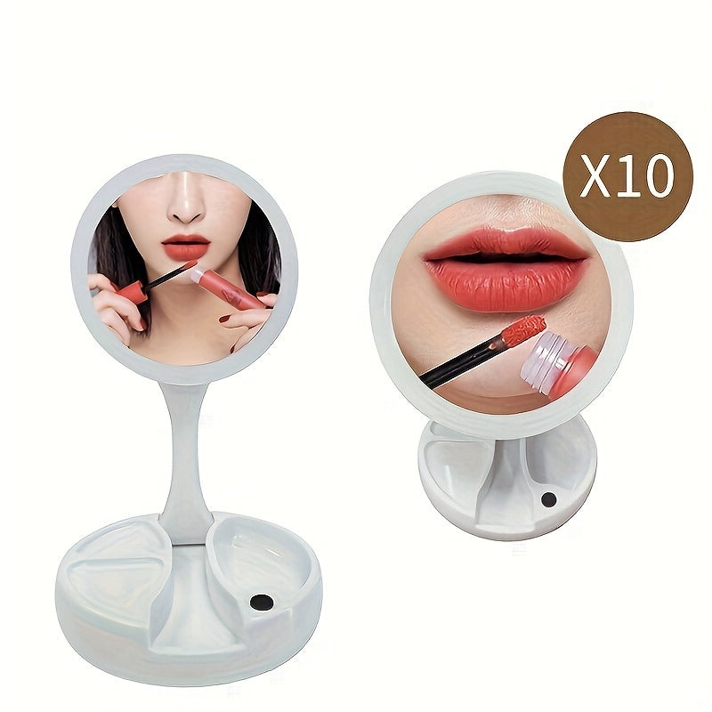 Mirror Light with Light, 10x Magnifying Glass Vanity Mirror, Bright LED Travel Makeup Mirror, Double-sided Makeup Mirror, Table Mirror Can Be Used for Bathroom, Beauty Tool Companion, Makeup Mirror, Ladies' Gift/USB Power/battery Power