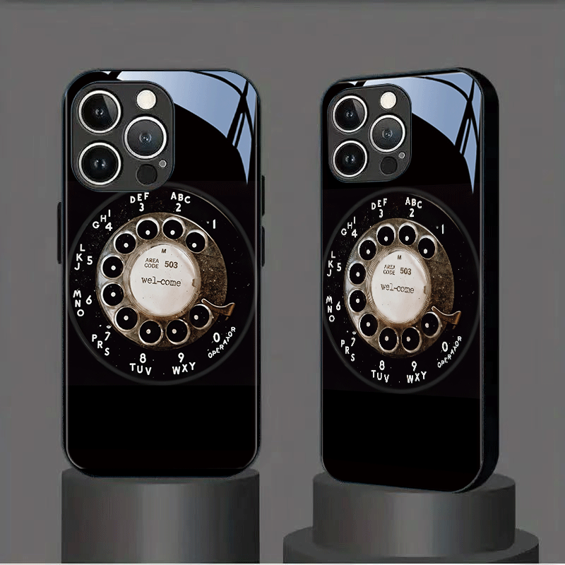 Phone Case: Vintage Rotary Dial Pattern Tempered Glass Phone Case for iPhone 16/16 Plus/16 Pro/16 Pro Max/15/15 Plus/15 Pro/15 Pro Max/14/14 Plus/14 Pro/14 Pro Max/13/13 Pro/13 Pro Max/13 Mini/12/12 Pro/12 Pro Max/12 Mini/17/17 Pro Max/X/XS/XR/XS