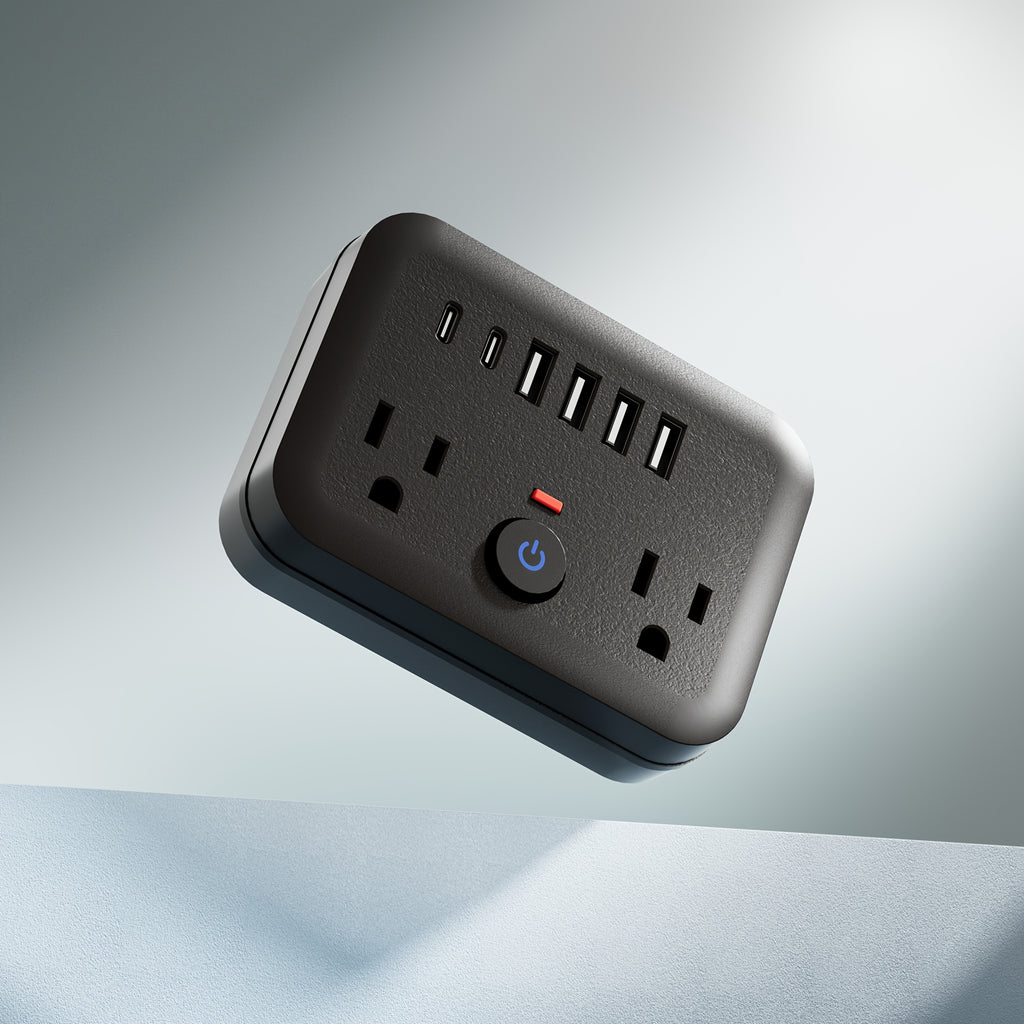 Mini Portable Surge Protector Power Strip, 8-in-1 Multifunction with 2 Outlets, 4 USB Ports, 2 USB-C Jacks, Overload Protection, US Plug, Wall-Mounted for Home, Travel, Office - Black & White, Travel Accessory | Sleek Black Design | Multi-port Surge