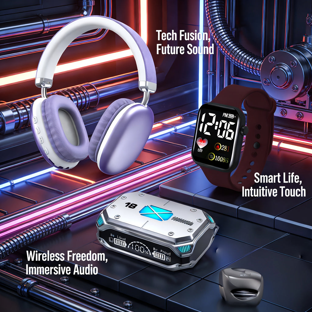 3pcs Set: Over-ear Wireless Bluetooth Headphones + Wireless In-ear Earbuds + Minimalist WatchCompatible with IOS, Android Smartphones Ultra-long Battery Life, Portable & Practical., Ideal for Back-to-school Gifts And Father's Day Presents.