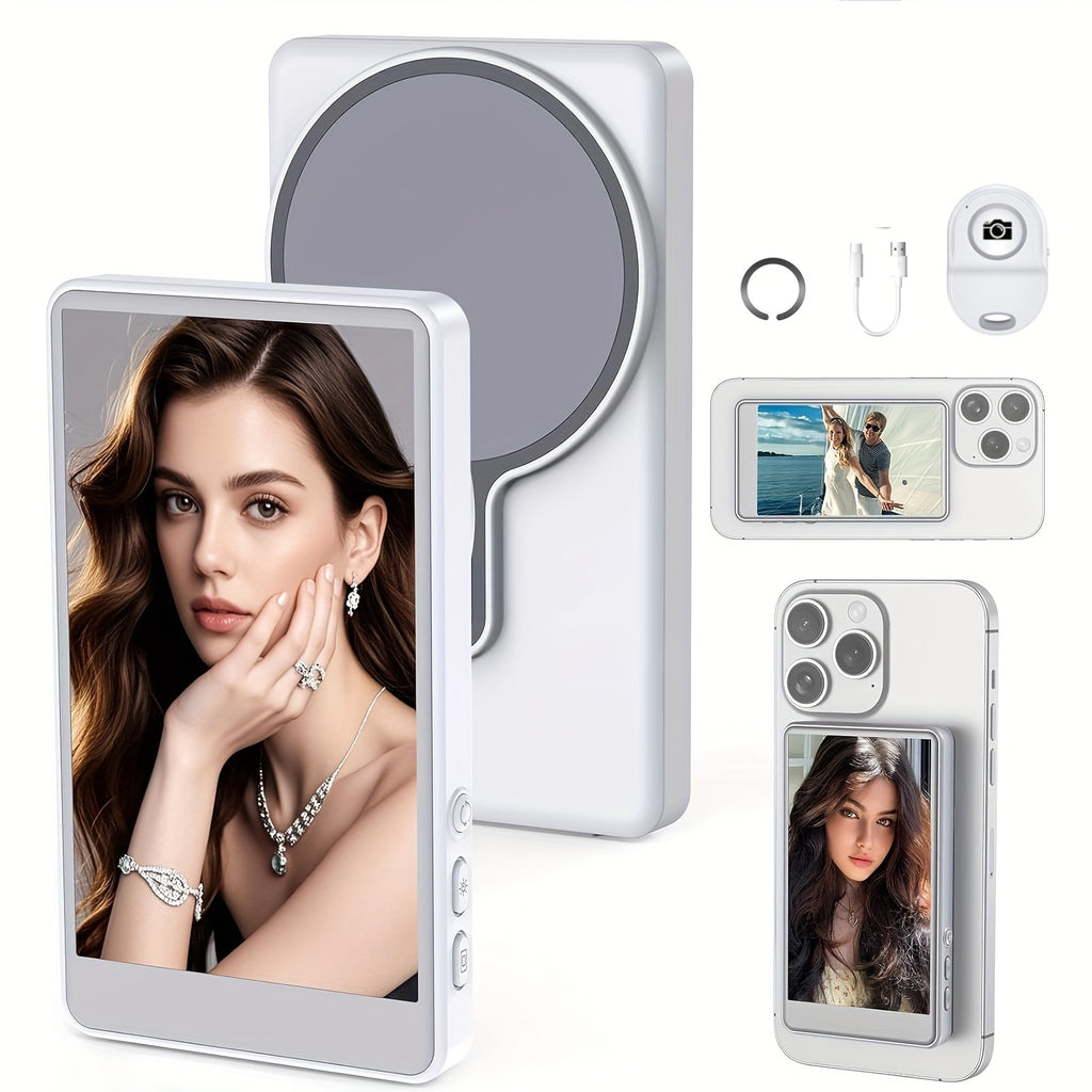 Wireless Selfie Monitor Screen for Iphone And Android, 2000/2500Mah with Wireless Remote, 3-Level Brightness And Wide Screen Mode, Using Phone Rear Camera for Selfie Vlog No Delay Live Stream for Tiktok White