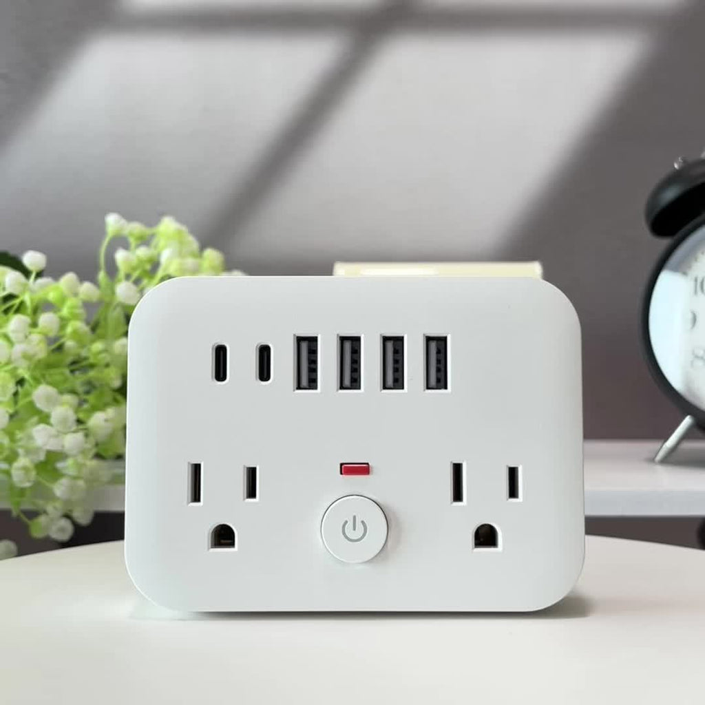 Mini Portable Surge Protector Power Strip, 8-in-1 Multifunction with 2 Outlets, 4 USB Ports, 2 USB-C Jacks, Overload Protection, US Plug, Wall-Mounted for Home, Travel, Office - Black & White, Travel Accessory | Sleek Black Design | Multi-port Surge
