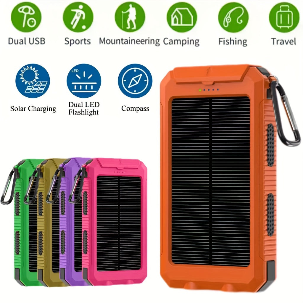 2025 Super 10000mAh USB Portable Charger Solar Power Bank for Mobile Phones, Solar Power Bank, Mobile Power Bank, Portable Charger for All Devices - Long-lasting, Travel Camping, LED Flashlight, Compass, And Hiking Clip, Best Gift for Holidays
