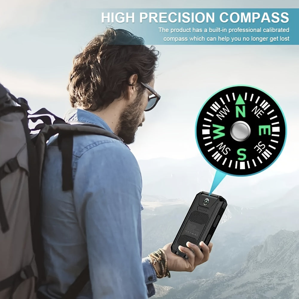 20000Mah USB Portable Charger Solar Power Bank, Dual 5V USB Port Output for All Mobile Devices Built-In Flashlight with Compass for Outdoor Camping Emergency Use, Power Bank Portable Portable Power Bank Solar Power Bank Battery Power Bank