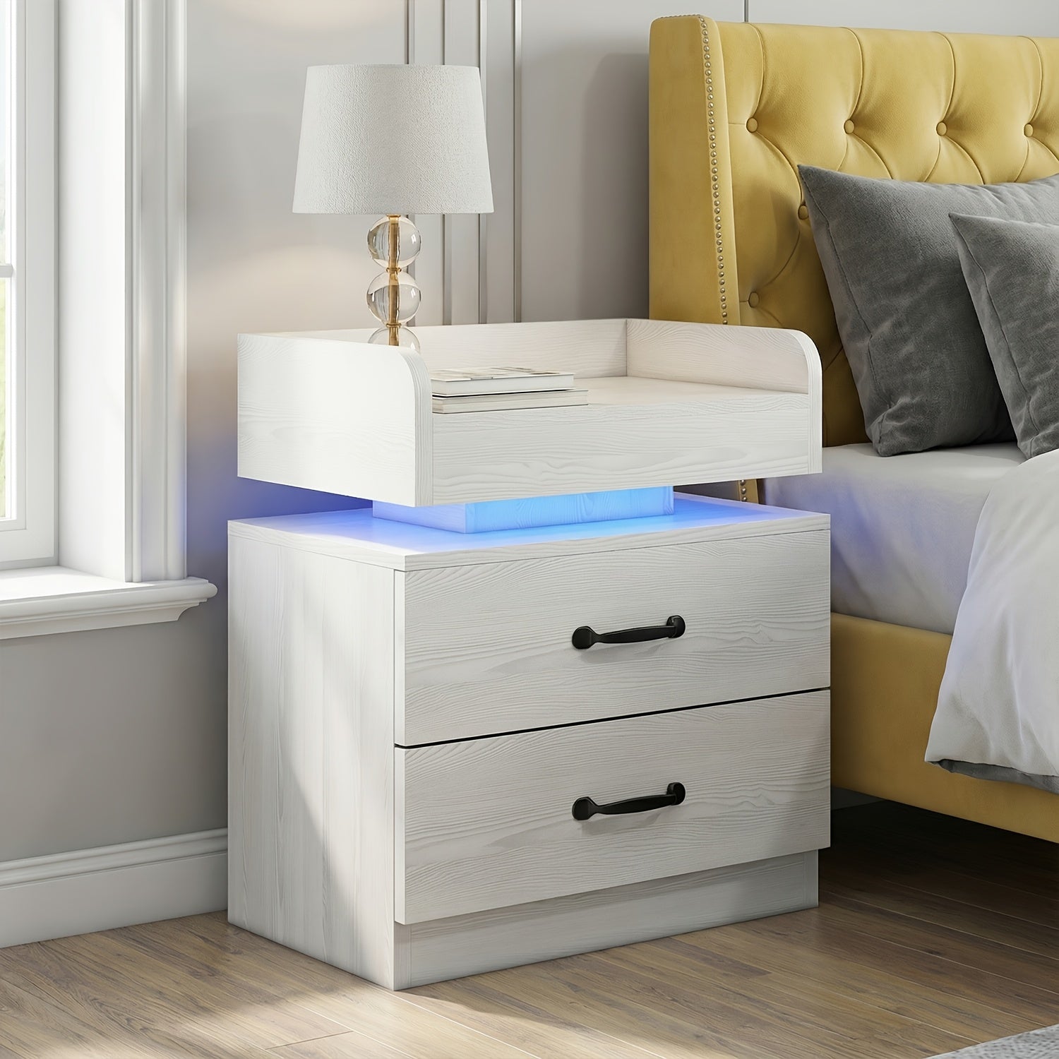 1pc/2pcs Nightstand with Charging Station, Night Stand with LED Lights, Modern LED End Table Nightstand for Bedroom, Bedside Wooden Table Drawers, Bed Side Table with Storage for Living Room, Black/White