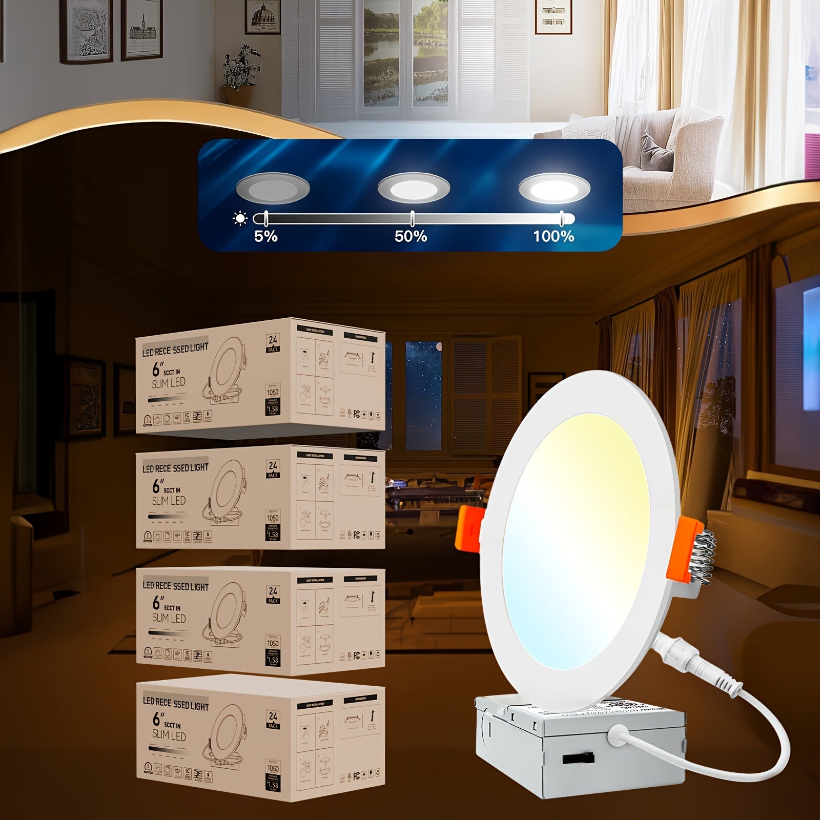 6-inch 5CCT LED Recessed Ceiling Light Junction Box, 2700K/3000K/3500K/4000K/5000K Options, 1050LM Brightness, Dimmable Slotless Crystal Cylinder Light, 12W-ETL&FCC