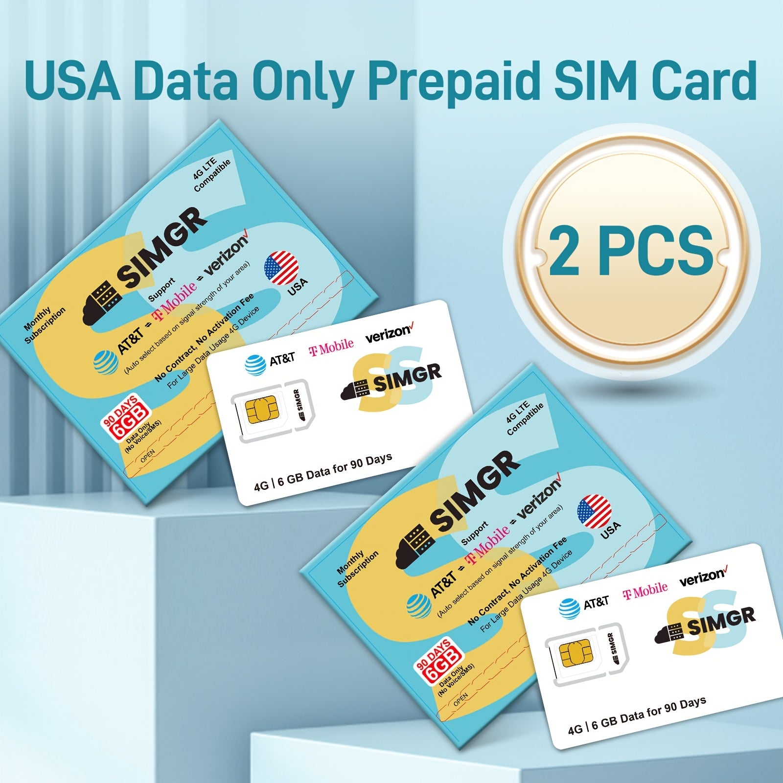 Prepaid SIM Cards, Data Only SIM Card, High-Speed Data, Compatible with AT&T, T-Mobile and Verizon, 6GB, 90 Days, Ideal for Security Cameras, Hotspots, Smartwatches & GPS Trackers, No Voice/SMS