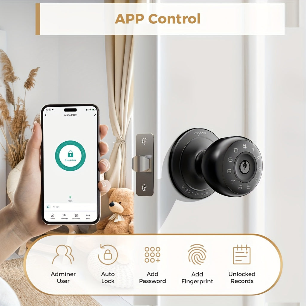 Arpha Smart Door Knob, Fingerprint/App/Physical Key, Entrance Mode/Passage Mode/Privacy Mode, Strong And Durable, Replaceable Battery (Not Included)