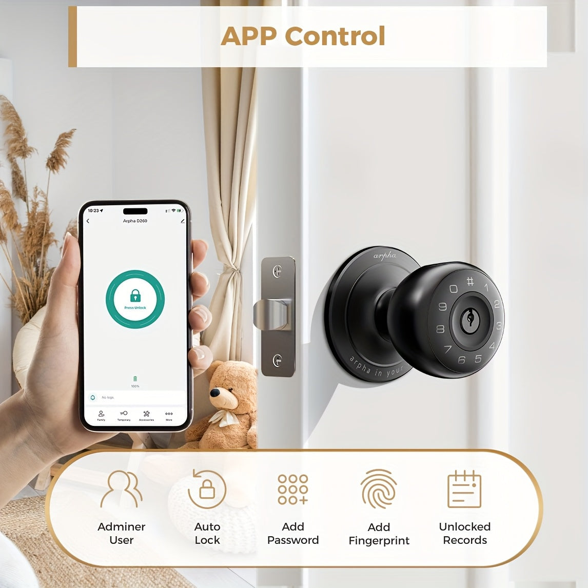 Arpha Smart Door Knob, Fingerprint/App/Physical Key, Entrance Mode/Passage Mode/Privacy Mode, Strong And Durable, Replaceable Battery (Not Included)