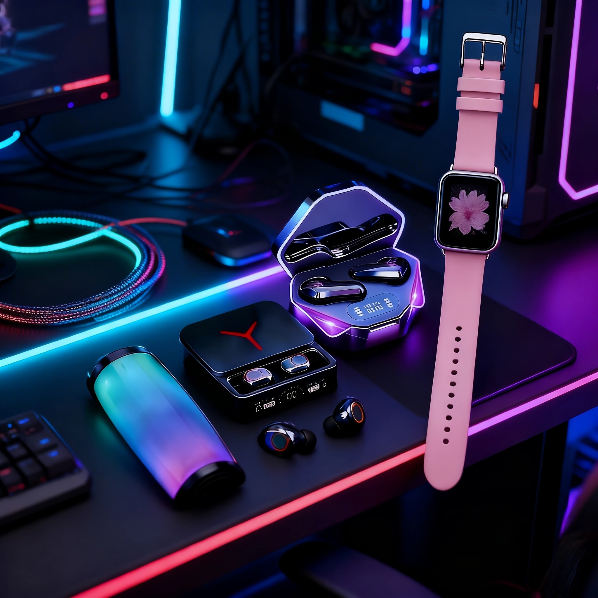 3/4pcs Set (1 Touch Control Black Gaming Headset + 1 Smart Speaker + 1 Wireless Bluetooth Earbuds with Free Fashion Watch) New High-Quality Luminous Gaming Headset (No Gift Box), Long-Lasting. Surround Sound, Immersive Experience. No Gift Box