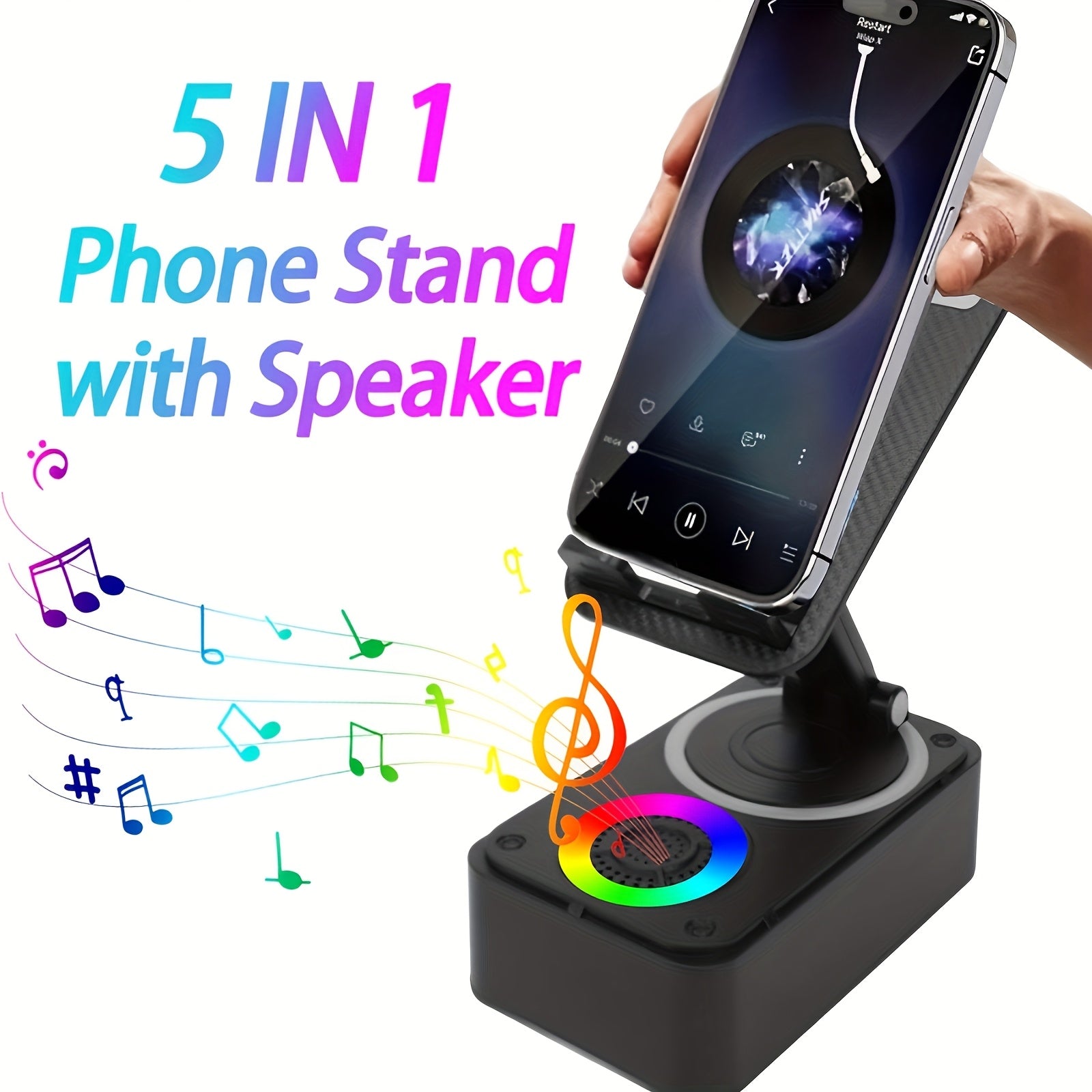 5 in 1 Mobile Device Holder with Wireless Speaker | 360° Adjustable Mount for Tablets And Smartphones, Portable Phone Stand with Base HD Surround Sound, Rechargeable for Emergencies - Tech Gadgets, Innovative Electronics