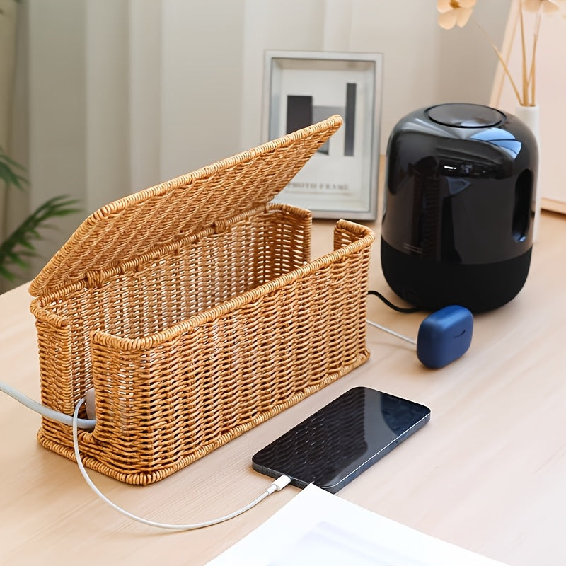 Desktop Cable Management Box with Lid & Imitation Rattan Woven Cover - Cord Suitable for Power Strips, Outlet Cover, Cable Storage Box for Home Office,, Desk - Cord Concealer for Power Strip, Data Cable Holder, Space-Saving