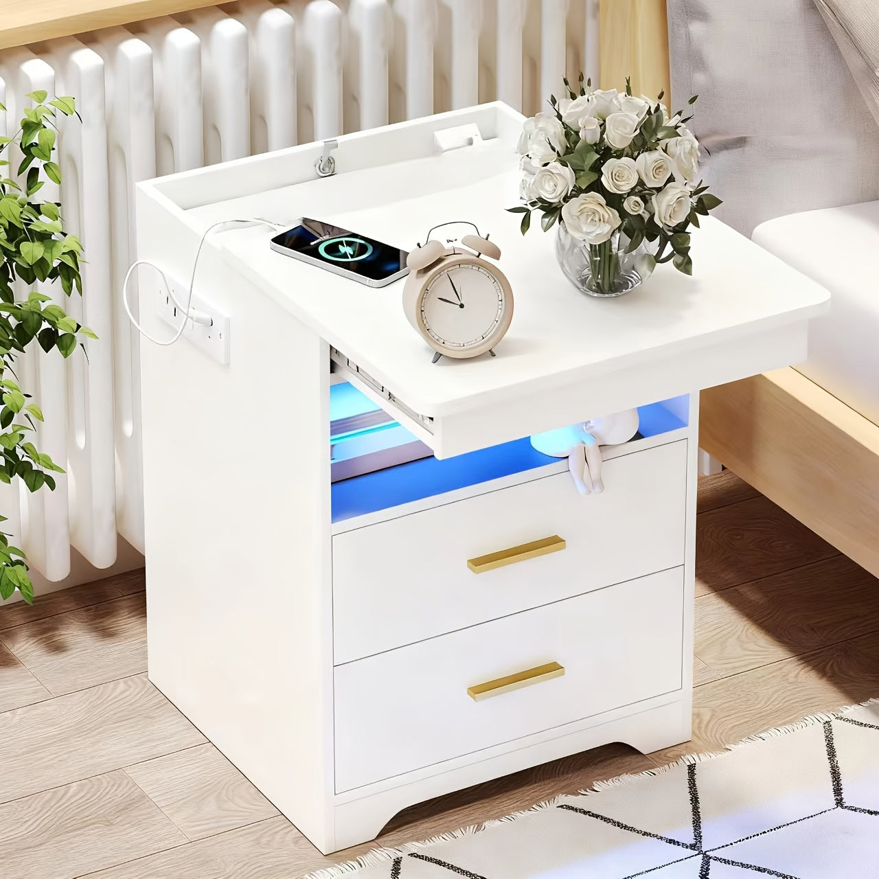 Modern Bedroom Nightstand with Hidden Drawer | 16-color Adjustable LED, Charging Station, And Open Storage, Black/white
