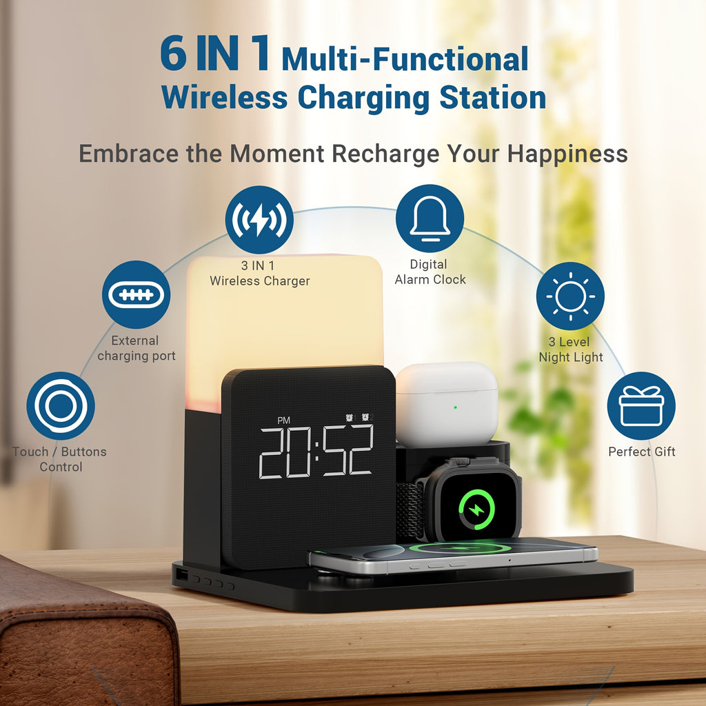 3-In-1 Wireless Charging Alarm Clock for Iphone 15 Wireless Charging Dock for Iphone 12-16 Samsung Bedroom 3 in 1 Charger Alarm Clock Portable Wireless Charging Station with Alarm Clock